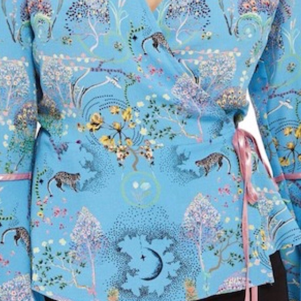 🔴 TOPSHOP Magical Leopard Print Wrap Top sz 6 US Blue - Picture 10 of 12